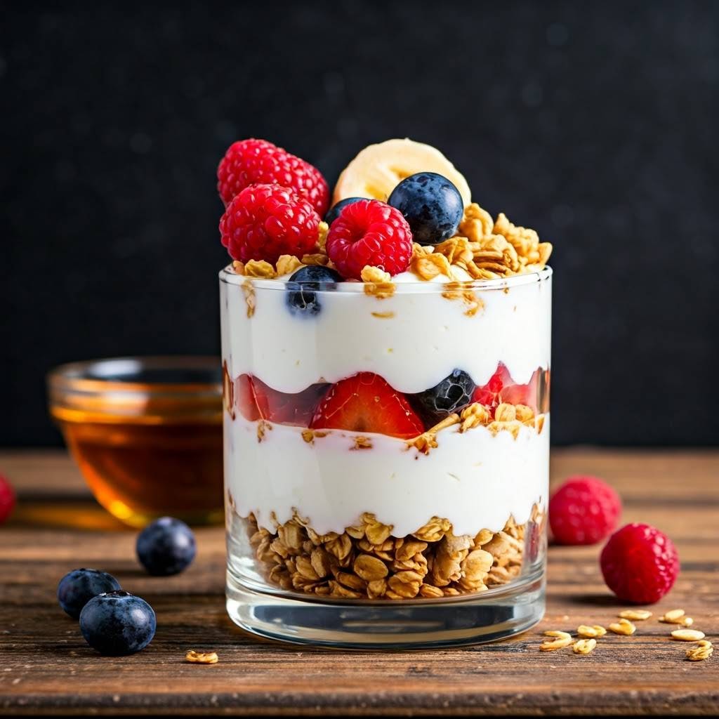 A creamy, flavorful Greek yogurt parfait layered with sweet honey, crunchy nuts, and nutrient-packed seeds, topped with fresh berries for a delightful and satisfying treat.