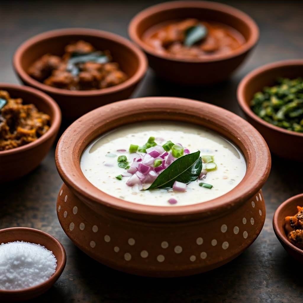 Pazham Kanji is a fermented rice dish made from leftover rice, rich in probiotics and tradition. Often paired with fish curry or buttermilk, it’s a nutritious and sustainable comfort food.